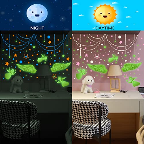 Wall Stickers, Glow-In-The-Dark Wall Stickers Nursery Wall Decal Angel Wings Star Pink Wall Decal Mural Art Bedroom Cafe Room Wall Decor Girl Child Room Living Room Decoration #TOP2