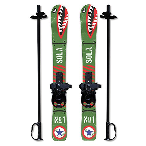 SOLA Kids Ski Set – Beginner Cross Country Skis with Poles and Adjustable Bindings for Ages 3–4, Backyard Winter Fun (Bomber)