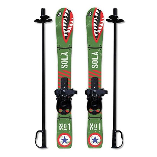 SOLA Kids Ski Set – Beginner Cross Country Skis with Poles and Adjustable Bindings for Ages 3–4, Backyard Winter Fun (Bomber)