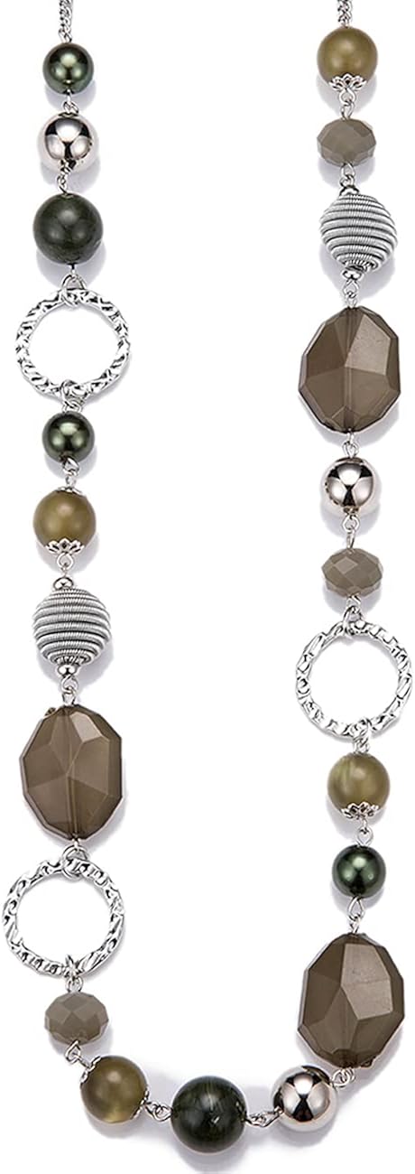 BULINLIN Long Beaded Silver Necklace for Her Crystal Bead Sweater Chain Fashion Jewelry Necklace Birthday Gifts for Women Mum(Army Green)