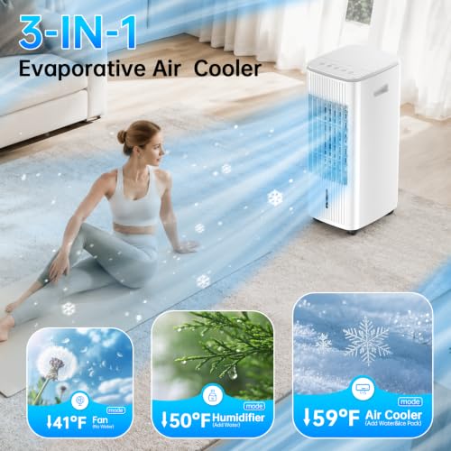 Image of 25 inch Windowless Portable Air Conditioners w /Double Tanks for 16H Cooling, 3-IN-1 Evaporative Air Cooler, Remote&Smart Timer, 3 Speed&Mode, 120 Swing Swamp Cooler Air Conditioner for room