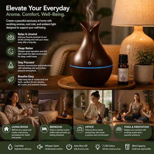 Image of DEVER Ultrasonic Aroma Diffuser & Cool Mist Humidifier for Home Bedroom | Essential Oil Compatible Air Humidifier with LED Ambient Light | Wood Grain Finish | Touch Control | 30ml Capacity