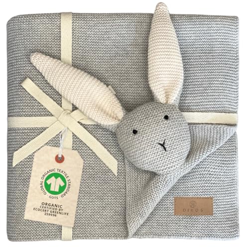 DIKOS Original 2-in-1 Babydecke & Kuscheltuch SCHMUSE-Hase (grau) – schönes Geschenk zur Geburt für Neugeborene Mädchen/Junge – aus weicher Bio-Baumwolle (GOTS) – ideal als erstes Baby Kuscheltier