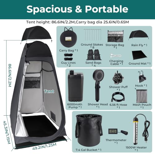 Kit de ducha portátil para camping con carpa de privacidad emergente y calentador de 1500W miniatura 2