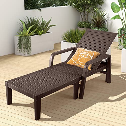 Tangkula Chaise Lounge Chair For Outside, Waterproof Pp Patio Lounger With 4-Level Adjustable Backrest And Wood Texture Surface, Outdoor Recliner Chair With Armrests For Poolside Backyard (1, Coffee) #TOP3