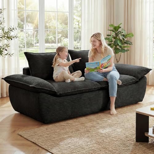 AOLVDOW 56' Boneless Loveseat Sofa, 2-Seater Black Boneless Sofa with Removable Cushions & 2...