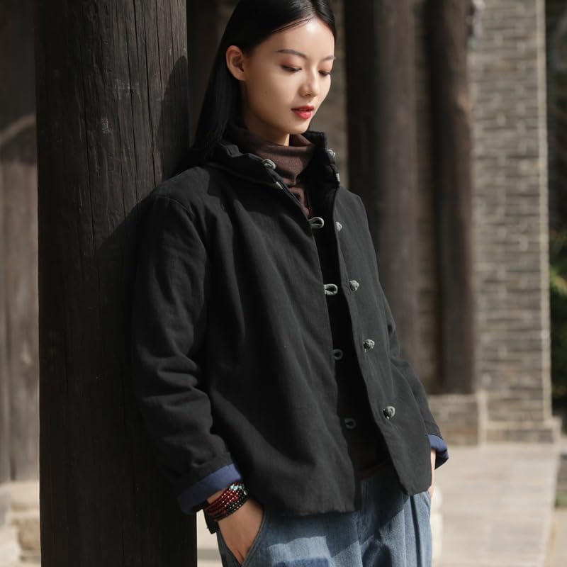 HEARTTOUCH Women's Quilted Lightweight Jacket Chinese Style Tang Suit Cotton Linen Padded Coat with Pockets Thick Outwear