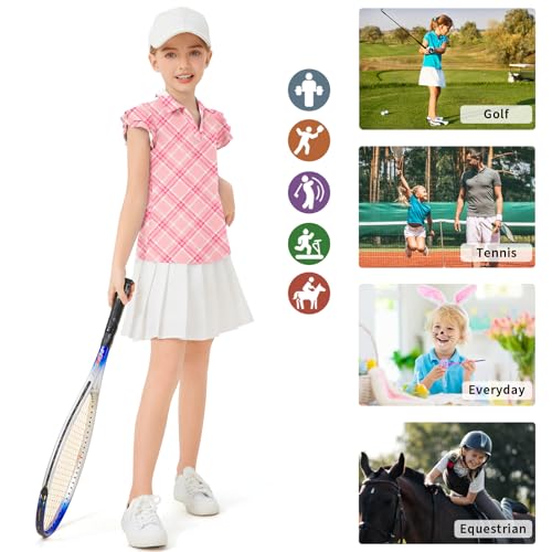 Image of Soneven Girls Ruffle Sleeve Polo Shirts V-Neck Golf Tennis T-Shirts Uniform Shirts Quick Dry for 4-14 Years