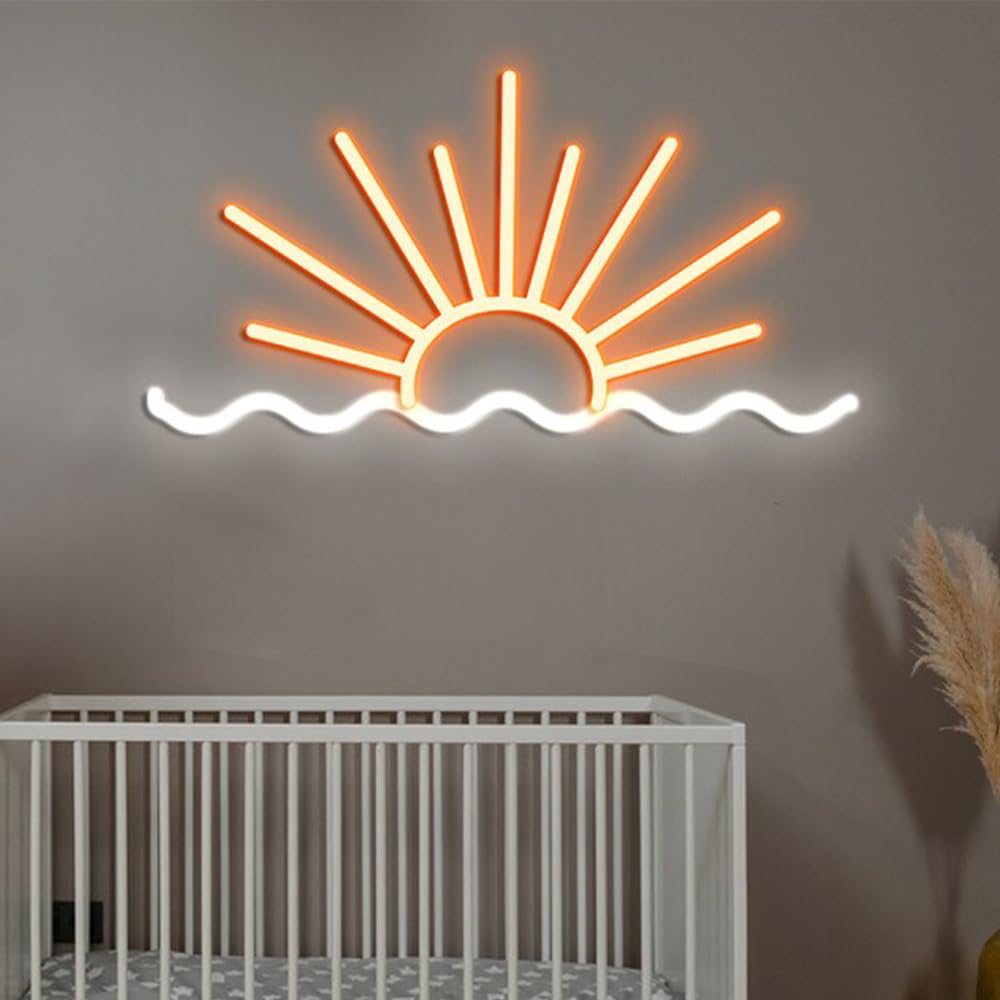 LED Sunset Neon Sign – 15" X 15" Waves & Mountains Wall Light, USB-Powered, Dimmer Adjustable, For Home Decor, Parties, And Gifts