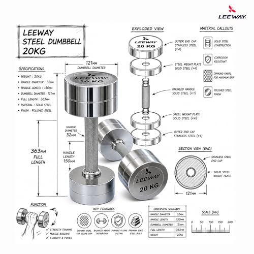 Image of Leeway Steel Dumbbell Set 20 Kg x 2 | Chrome Dumbbells for Home Gym | Rust-Resistant Non-Slip Grip | Strength Training Metal Dumbbell Set | Iron Dumbell | Round Dumble | (20kg X 2 = 40kg Chrome)