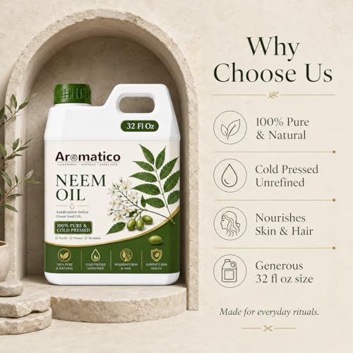 Image of AROMATICO Neem Oil for Skin, Hair and Body Care, Multipurpose Carrier Oil for Massage, Scalp Care, Dry Skin Routine, DIY Beauty and Natural Glow - 946 ml