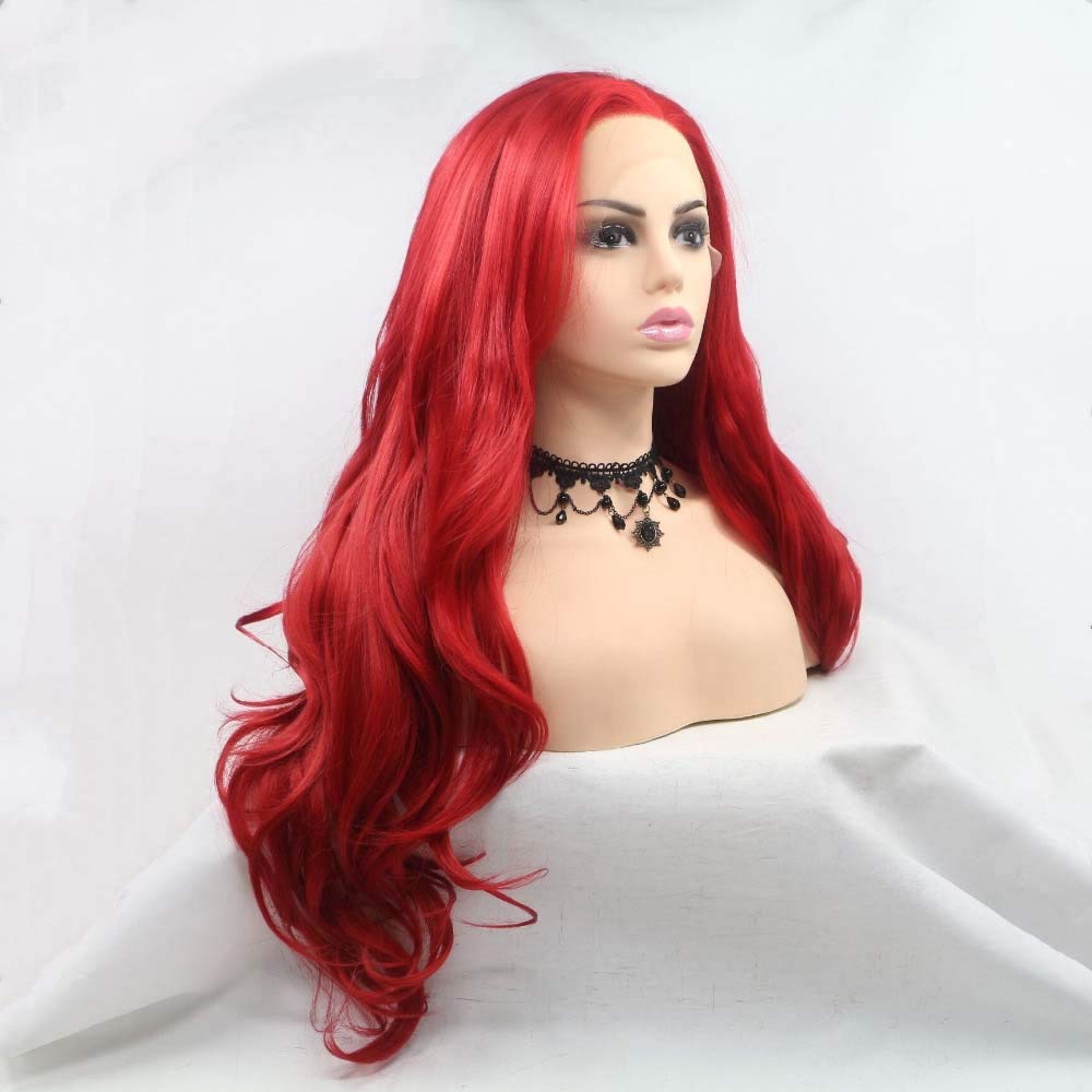 xiweiya Bright Red Lace Front Wig Long Body Wave Red Synthetic Lace Front Wigs 13x4 Lace Hot Red Wig Middle Part Heat Resistant Hair Natural Hairline 180% Density Wig Drag Queen Cosplay Wig 24inch