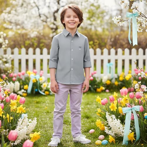 Image of OCHENTA Boys' Long Sleeve Button Down Cute Rabbit Casual Dress Easter Shirt | Oxford Cotton, Embroidered Bunny, Shirts for Boys School & Easter, Church, Wedding, Family Photos, Holiday Outfit