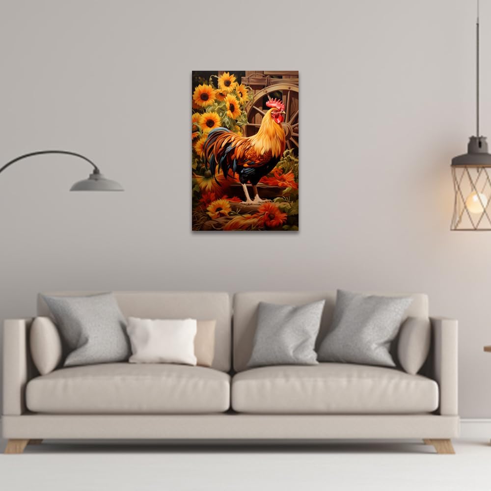 ZQQART Farm Animal Canvas Wall Art Rooster With Yellow Sunflower Picture Prints Animals Flower Pictures Farmhouse Kitchen Wall Decor Frame(24.00" x 36.00")