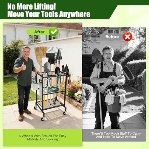 Eirolace Gartengeräte Halterung Ständer Mit Rollen,71 * 42 * 31cm,Gartengeräte Halterung Mit 4 Haken 35 Schlitzen Für Besen,Gartengeräte Aufbewahrung Ständer Für Besen,Schaufeln,Rechen
