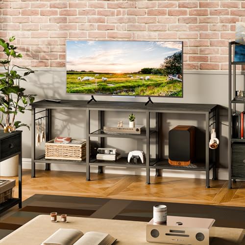 Image of Furologee TV Stand, Entertainment Center with Open Shelves, Black Oak