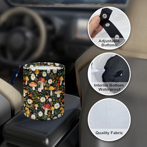 Image of Hanging Portable Car Mushroom Flower Leaf Print Multipurpose Car Accessories Interior Universal Collapsible Back Seat, Front Console, Floor, or Hanging Headrest Waste Basket
