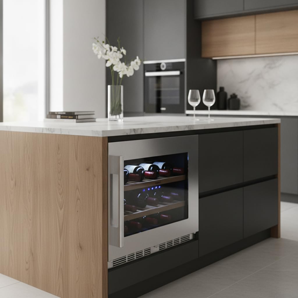 CATA VI 54024 X Vinoteca Integrable 24 Botellas, No Frost, 62 Litros, Puerta Reversible, Control Electrónico LED, Estantes para Vino, Iluminación LED, 45 cm, Acero Inoxidable