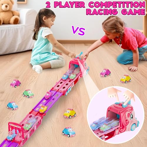 Image of PLUSPOINT Unicorn Truck Trailer with 6 Cars Friction Powered Foldable Race Track Truck Toys for Toddler Girls Toy Car Set, 2-Player Fold Out Trailer with Light & Sound Toys Birthday Gifts
