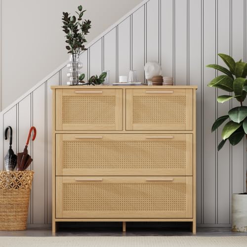 Aparador de ratán de 80 cm con 4 cajones de madera natural para mueble de salón o pasillo