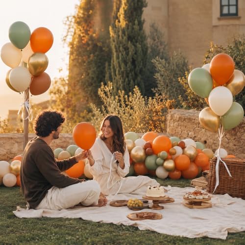 Image of Orange Green Sand White Gold Balloons, Fall Balloons for Fall Party Decor | 12 Inch Burnt Orange Sage Green Gold Balloons for Thanksgiving Autumn Baby Shower Birthday Little Pumpkin Party Decorations