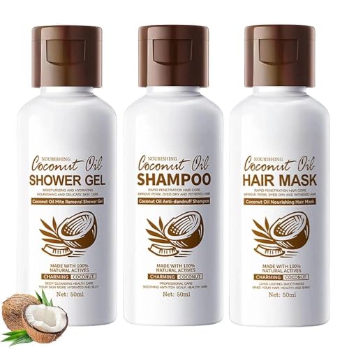Coconut Oil Travel Size Hair & Bath Care Set - Mini Shampoo, Conditioner & Shower Gel, Leak-Proof Toiletries, Moisturizing Nourishing for Women & Men
