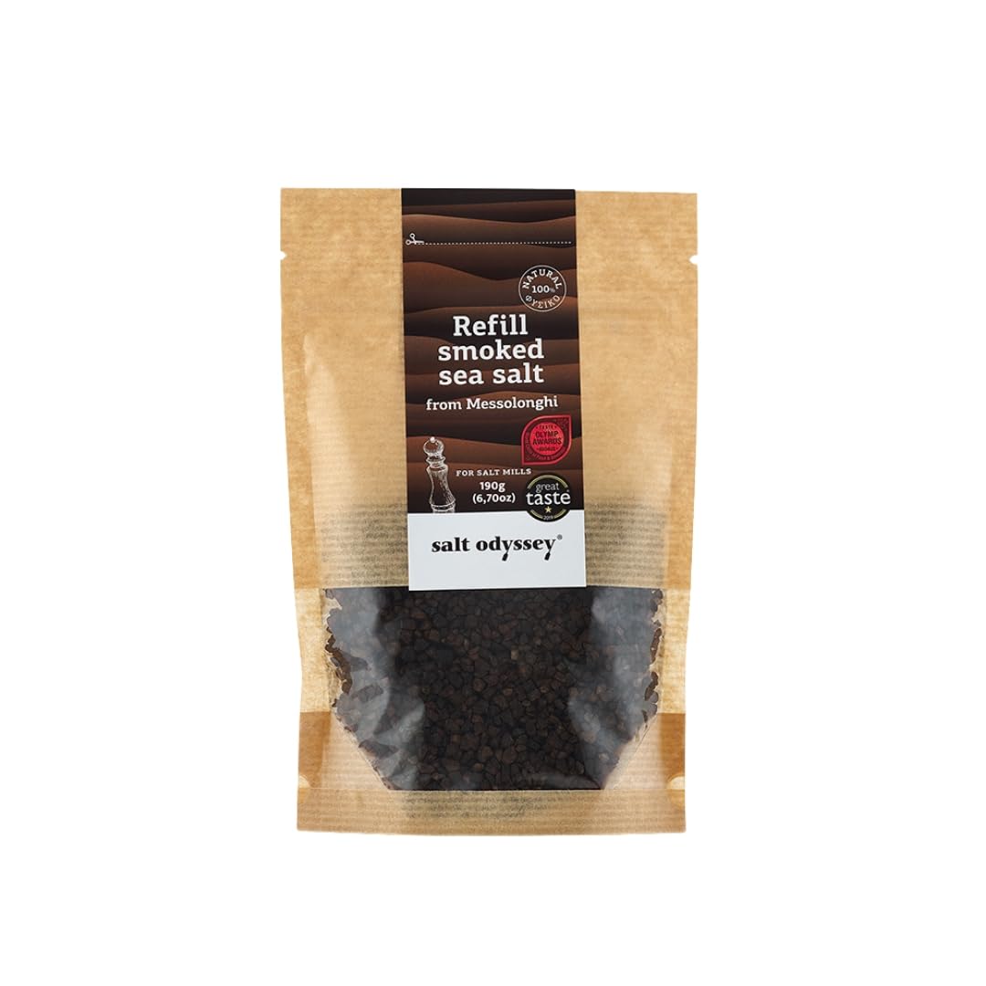 Salt Odyssey Greek Smoked Sea Salt Refill in a Resealable Kraft Pouch – Natural Sea Salt Smoked over Beechwood, Coarse Crystals for Salt Mills, 190g (Pack of 2)