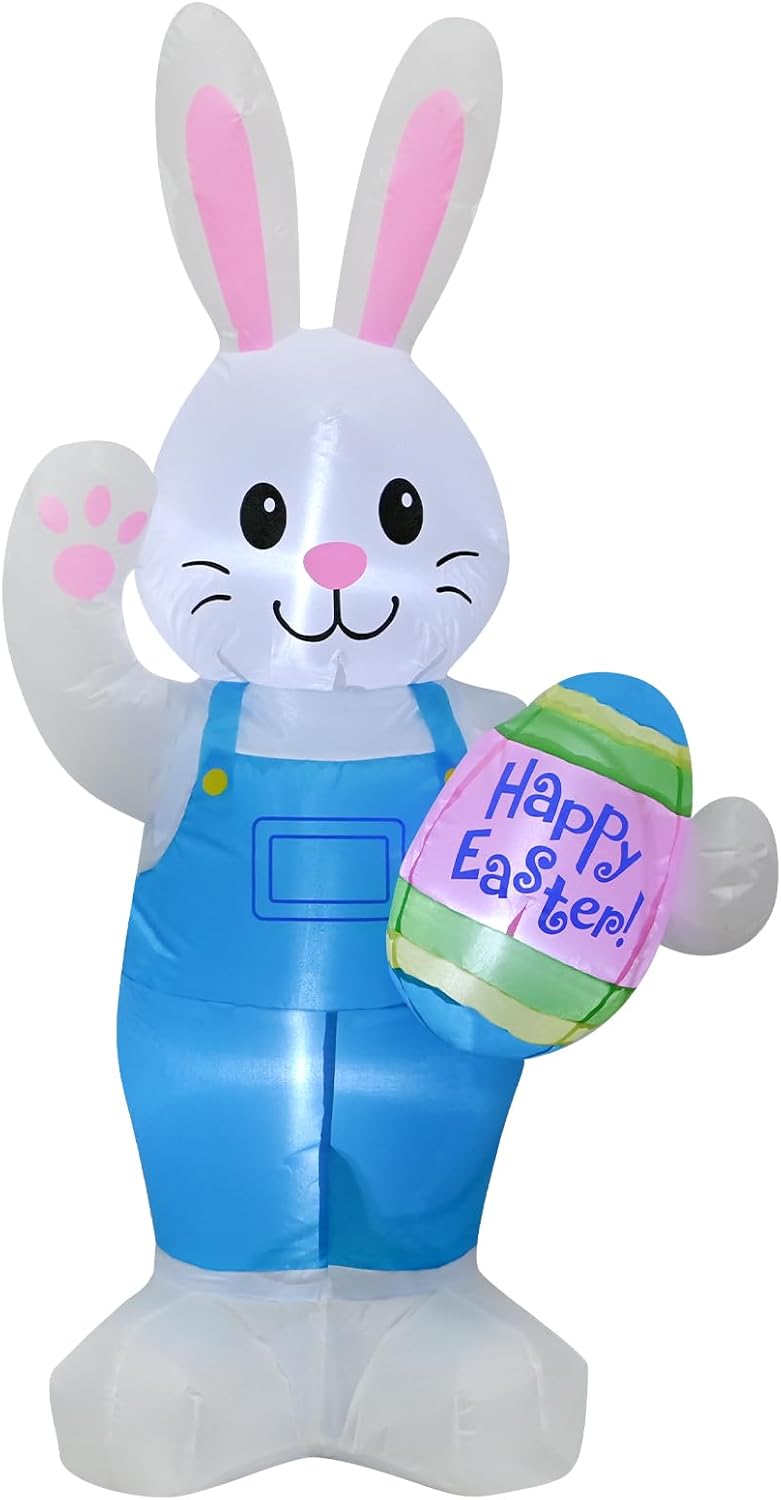 4FT Easter Inflatables Bunny Outdoor Decorations, Inflatable Bunny Holds Egg Built-in LED Lights Blow Up Indoor Outdoor Decor, Spring Summer Outdoor Decor,Holiday Addition for Party,Yard,Garden, Lawn