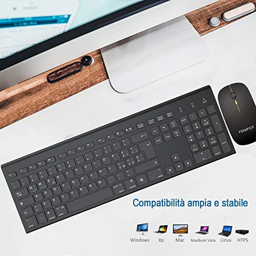 FENIFOX Tastiera Wireless Layout Italiano e Mouse, Kit Keyboard Mouse Wireless 2.4G Doppia Commutazione di Sistema, Pulsante Silenzioso, Compatibili PC/Mac/Windows/Tablet-Nero