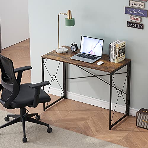 Vecelo Folding Computer Desk 39.4'', Simple Laptop Table Home Office Workstation For Reading Writing, No Assembly Needed, Small Space, Antique Brown #TOP6
