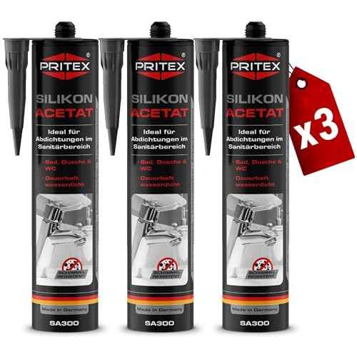 PRITEX – Sanitär Silikon anthrazit 3x 300 ml zum Abdichten & Verfugen – Acetat für Bad, Dusche & WC – wasserdicht, langlebig & schimmelresistent – Fugendichtmasse mit sehr guter Haftung