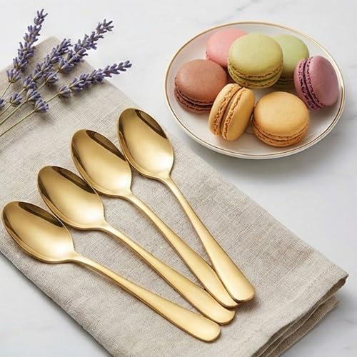 Image of 6.4 inch Aurum Gold Dessert Spoons Set of 4 - Food-Grade 18 /8 Stainless Steel Teaspoons, Durable Mirror Polished Silverware Spoons, Perfect for Home, Restaurant, and Gifting