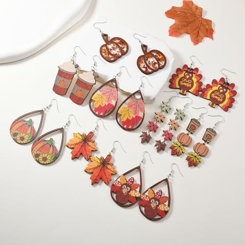 18 PCS Thanksgiving Fall Earrings for Women Autumn Earrings Pumpkin Maple Leaf Turkey Wooden Dangle Earring Holiday Jewelry4