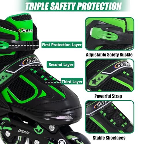 Image of Nattork Blade Roller for Boys Adjustable Inline Skates with Light Up Wheel for Kids Youth Childrens Outdoor & Indoor Ages 6-12 6 7 8 9 Beginners Green