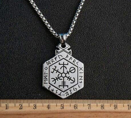 Pingente Aço Inox e corrente Runas Viking Nórdico Ragnar Ponto Riscado