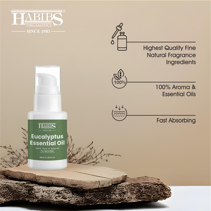 Image of Habibs Pure Eucalyptus Essential Oil - 100% Undiluted, Therapeutic Grade for Respiratory & Sinus Relief 30ML