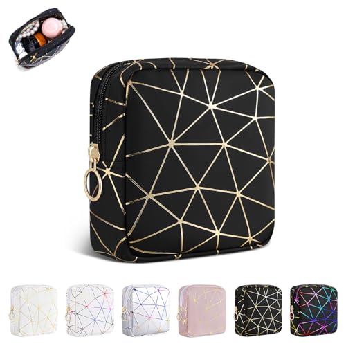Playexen 5.3\" Small Makeup Bag, Small Cosmetics Bag for Purse, Mini Makeup Travel Bag Cosmetic Pouch for Women (Gold-Black)