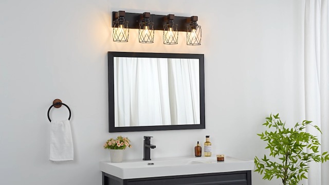 Image of Farmhouse 3-Light Wood Bathroom Vanity Light, Black Metal Cage Shade | Mounted Over Mirror, Industrial Rustic Style, Ideal for Bathroom, Bedroom, Hallway & Living Room, Easy To Install