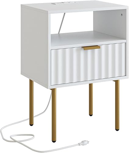 Miniatura 7 de Aienvey Mesita de noche con estación de carga, mesita de noche acanalada con marco dorado, mesa auxiliar con cajón y estante para dormitorio, sala