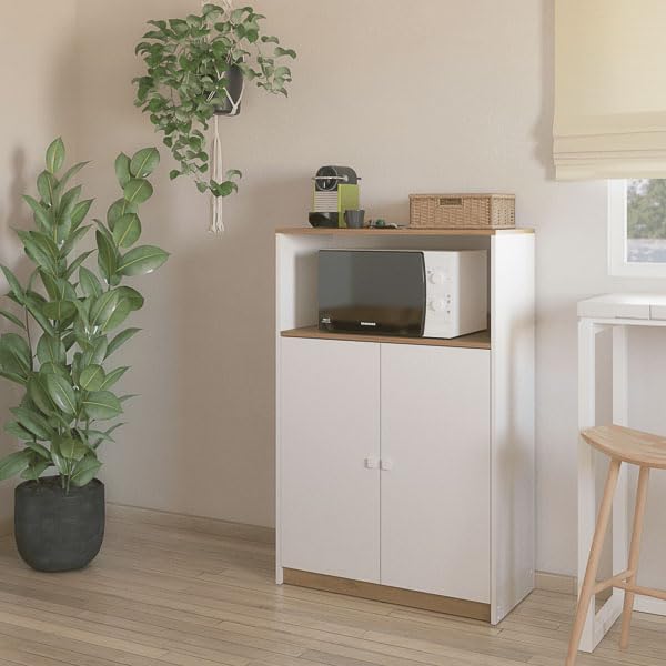 Meuble d'appoint pour micro-ondes Blanc et chêne 124 x 80 x 40 cm (hauteur x largeur x profondeur)