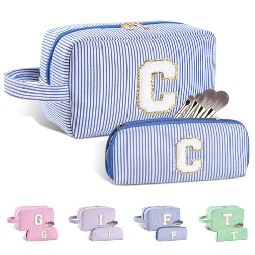 2PCS Initial Gifts for Women Travel Makeup Bag Toiletry Bag Set-Blue, C