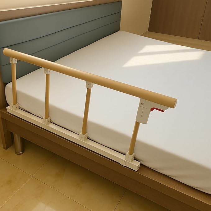 Image of P.M.P.S. Wood Grain 4 Steel Vertical Bar Hospital Bed Guard Collapsible Railing Soft Closure,No Drilling Required, (1 Side Only) for Elderly Person Size- 36 L X 14 H - inches