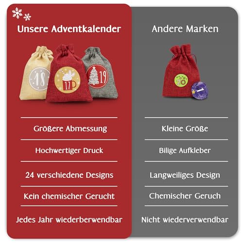 Adventi Adventskalender zum Befüllen 2026, 24 Säckchen XL 20x15 cm, Rot – Ansicht 5