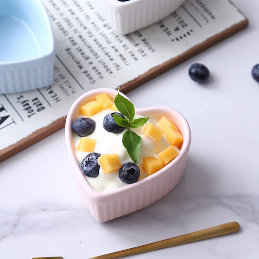 Juego de 4 ramequines de cerámica azul con forma de corazón de 4 onzas, cuenco de postre para hornear pasteles, mermeladas, soufflé, crema brulee, kit de utensilios de cocina para hornear con tazas de
