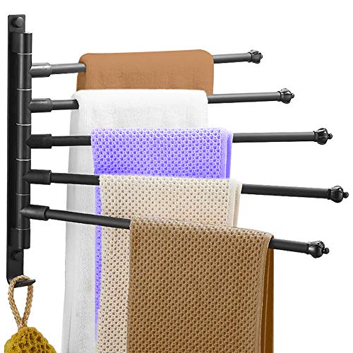 DUEBEL Towel Rack 5-Arm Bath Towel Bar Wall Mounted Towel Racks for Bathroom Hand Towel Holder with Hook SUS 304 Stainless Steel Swing Out Towel Rack Swivel Towel Bar Matte Black Towel Hanger