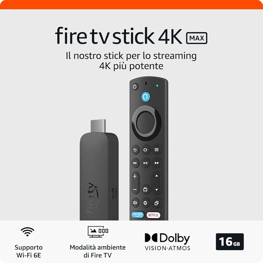 Immagine del prodotto Nuovo Fire TV Stick 4K Max di Amazon | Dispositivo per lo streaming con supporto per Wi-Fi 6E e modalità ambiente