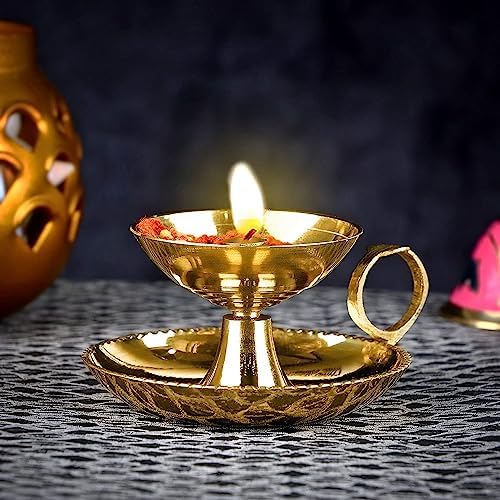 SATVIK Brass Akhand Diya Metal Diya with Handle Handheld Kutthu Vilakku Traditional Diwali Puja Diya Deepawali Pooja Mandir Home Temple Oil Lamp Dia Indian Housewarming Return Gift Items Bulk