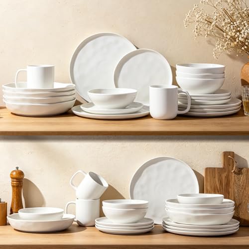 Image of LERATIO Ceramic Dinnerware Sets for 4,Porcelain Plates and Bowls Sets with Wavy Edge,Microwave & Dishwasher & Oven Safe,Light Weight & Scratch Resistant Dishes Sets