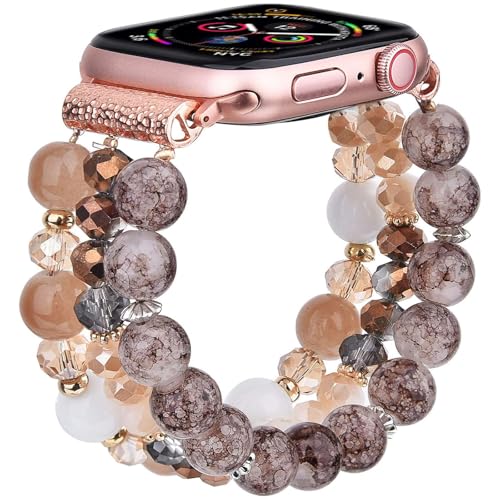 CAGOS Bracelet Beaded Compatible with Apple Watch Band Series 10/9/8/7/6/5/4/3/2/1 SE 38mm 40mm 41mm 42mm 44mm 45mm 46mm, Cute Handmade Fashion Elastic Stretchy iWatch Bands for Women (Amber, 42mm/44mm/45mm/46mm(Series 10)-(5.3"-6.2")) by CAGOS - Used condition - US$11.51