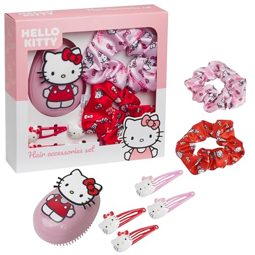 Hello Kitty Sanrio Cepillo Pelo y Set Accesorios Cabello Mujer Niña Kawaii Coleteros de Pelo Hair Clips, Regalos de Anime para Ella (Cepillo y Accesorios de Hello Kitty)